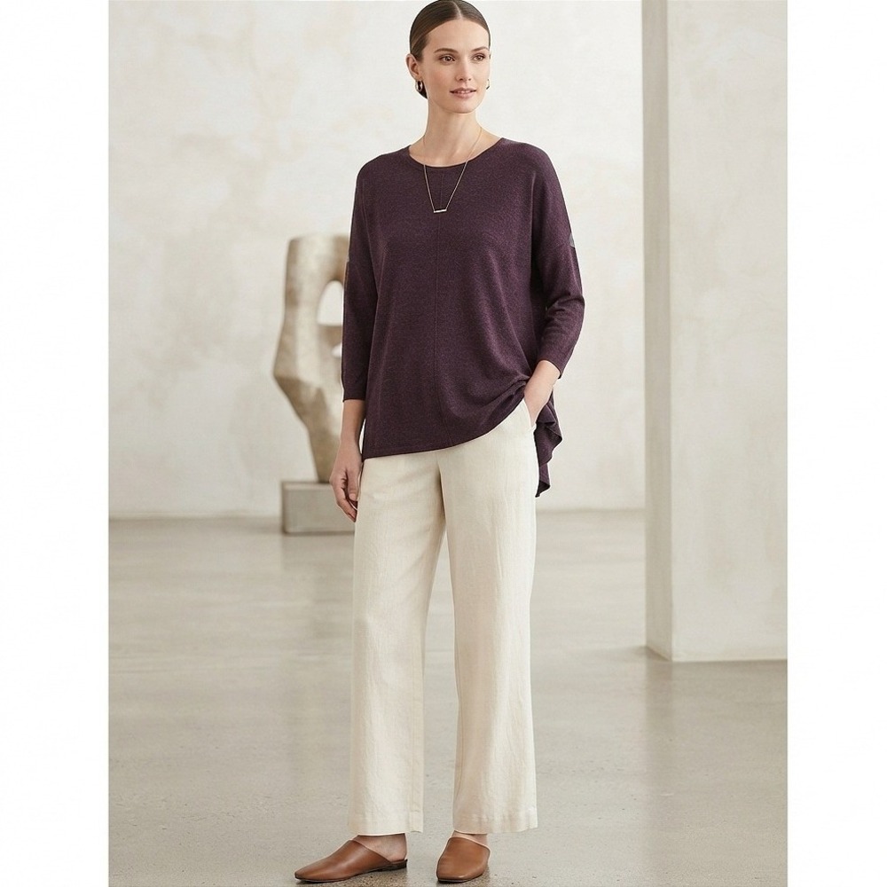 Eileen Fisher Italian Yarn Tunic Top Women L Purple Pleated Back Scoop Neck Good